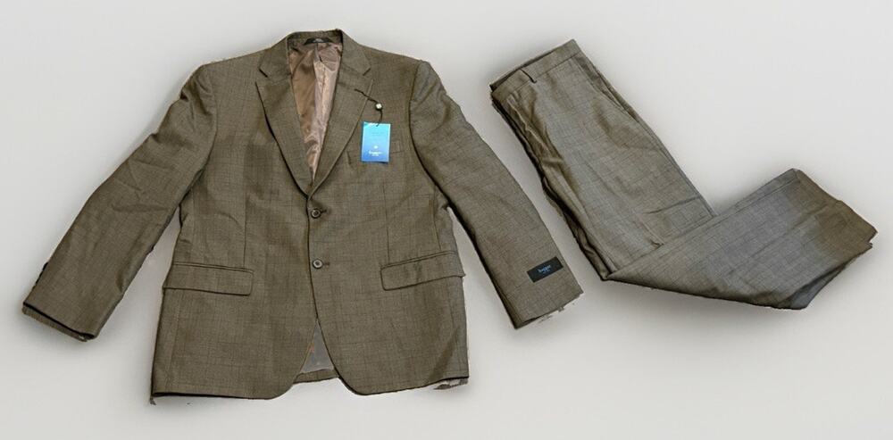 NWT Haggar Chocolate Glen Plaid 2 Pc Custom Fit Suit 44R Jacket Pants 36x30